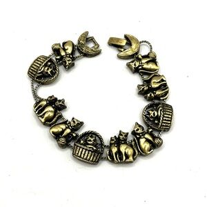 Antique Gold Cat Kitten Charm Bracelet Slide Chain Bracelet